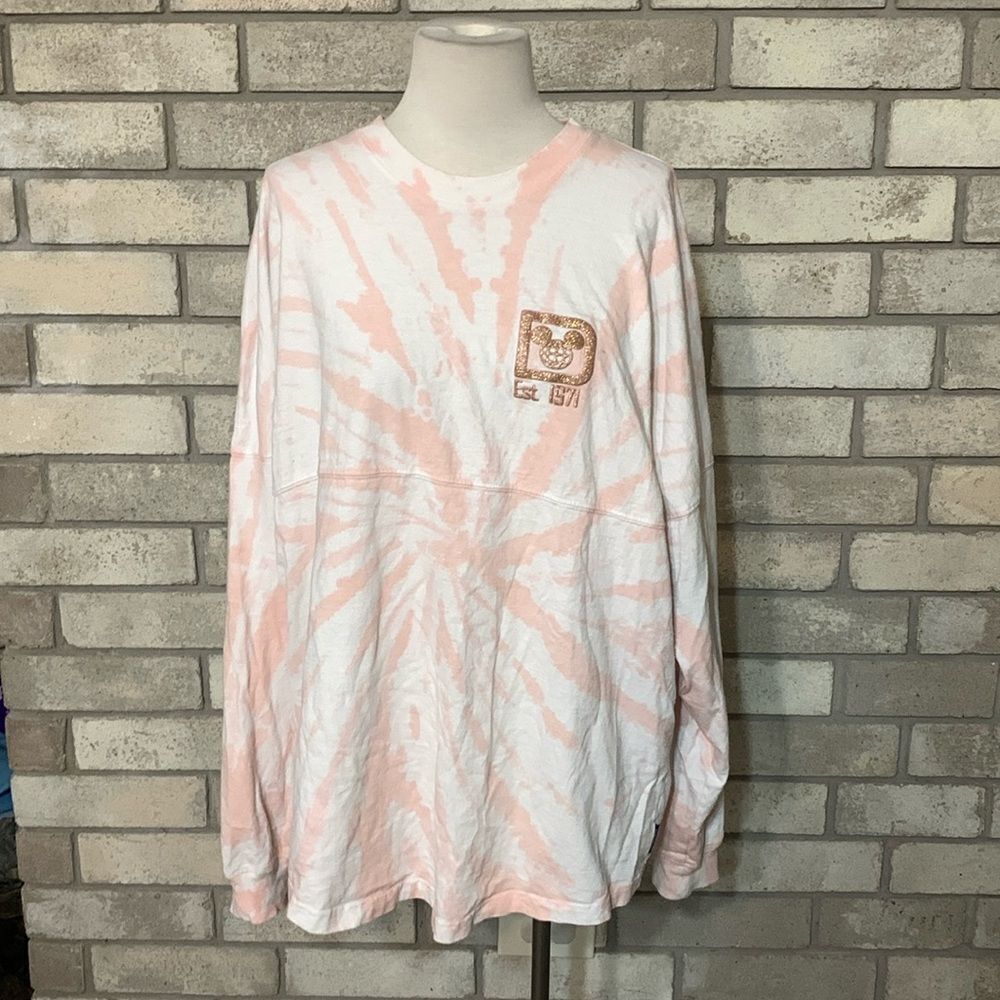 Disney Parks Spirit Jersey Pink Swirl Tie Dye Glitter Letter Pullover Sweater L